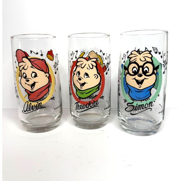 1985 Alvin and the Chipmunks Glass Set of 3 Alvin Simon and Theodore 16 Ounces - Picture 1 of 5